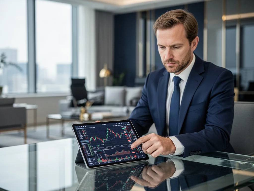 Biznesmen analizuje wykresy finansowe na tablecie w nowoczesnym biurze, co podkreśla profesjonalny charakter inwestycji.